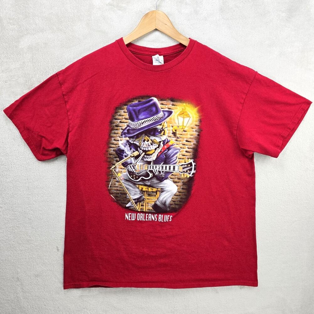 Vintage New Orleans Blues Skeleton Musician Shirt Mens XL Red Y2K Grunge